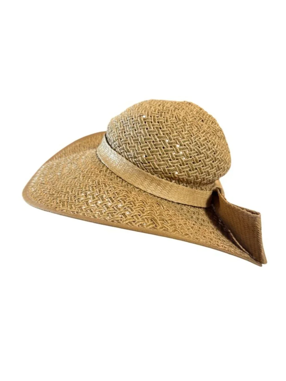 Vintage Women Wide Brim Paper Straw Sun Hat Bow Beige Summer Beach 57cm - Picture 5 of 10